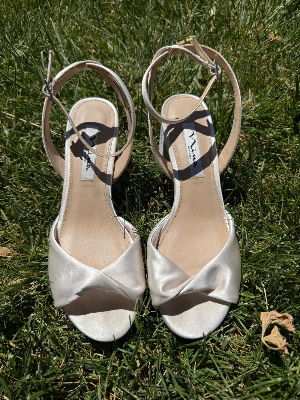 Nina Ivory Satin Block Heel Sandals -